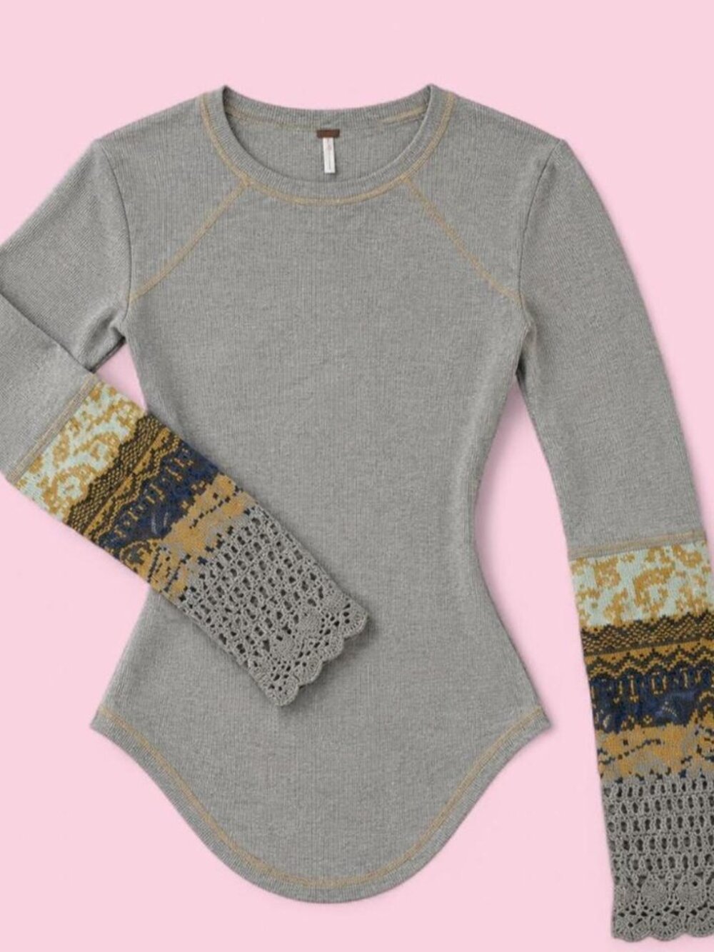 Vintage Free People Grey Knit Crochet bell Sleeve Top